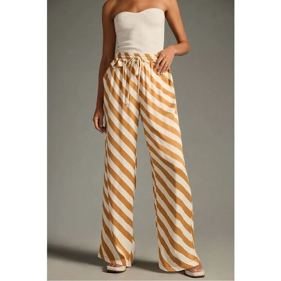 NEW Anthropologie Maeve Gold Stripe Straight-Leg Drawstring Pants Small Petite - Picture 3 of 4